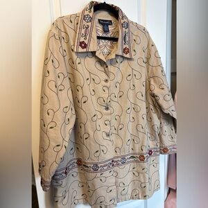 Denim&Co Beige Embroidered Floral Button-Front Jacket
